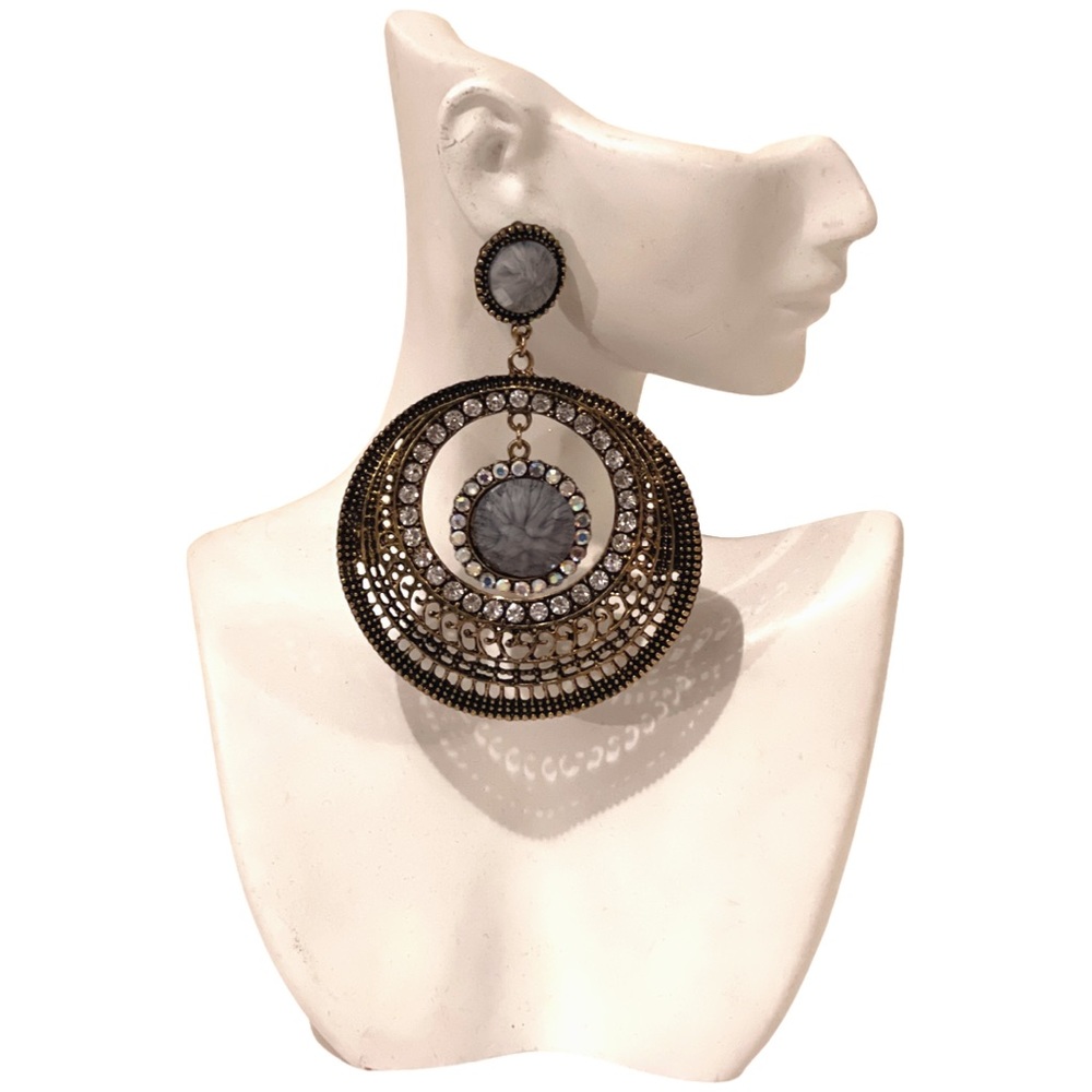 Oversized Boho Style Large Circle Crystal Earrings Grey